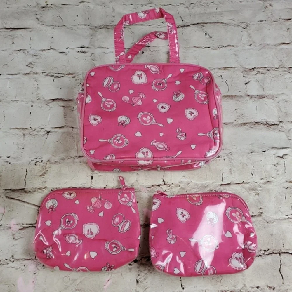 Travel Bag Bundle 3 Pink White Makeup Heart Cosmetic Bag Gym Getaway Sleepover